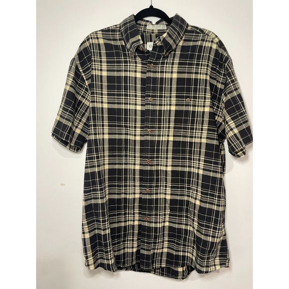 Mens Orvis Short Sleeve Button Down Black and‎ Yellow Checkers Size L - Picture 1 of 4